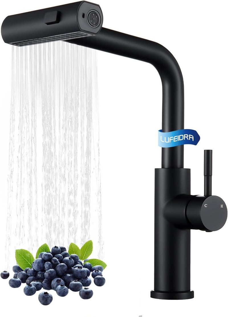 LUFEIDRA Kitchen Faucet with Pull Down Sprayer, Waterfall Single Hole Single Handle Sink Faucets with Pull-Down Sprayer for RV Kitchen Camper, Matte Black - Image 1